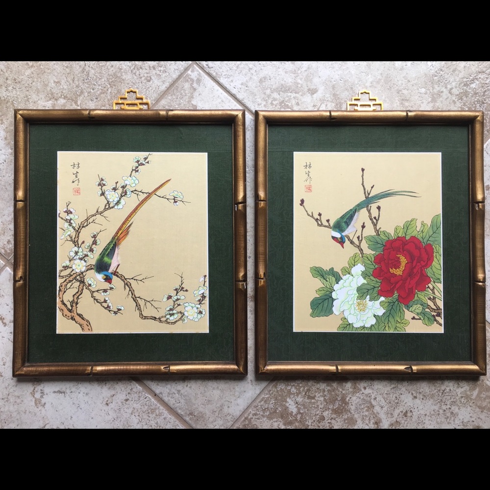 2 Vintage Watercolor on Silk Bird Flower Paintings